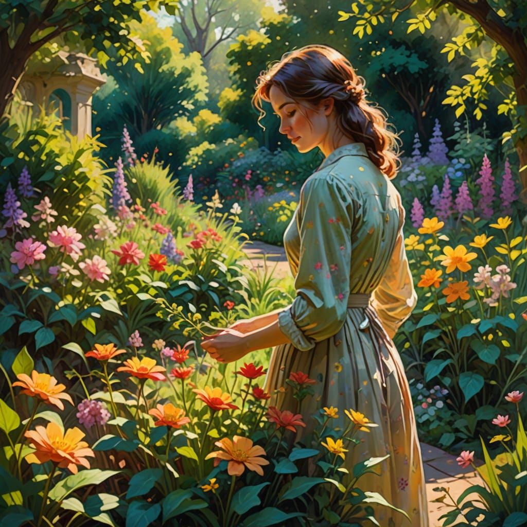 Woman Tending Overgrown Garden in Impressionistic Style