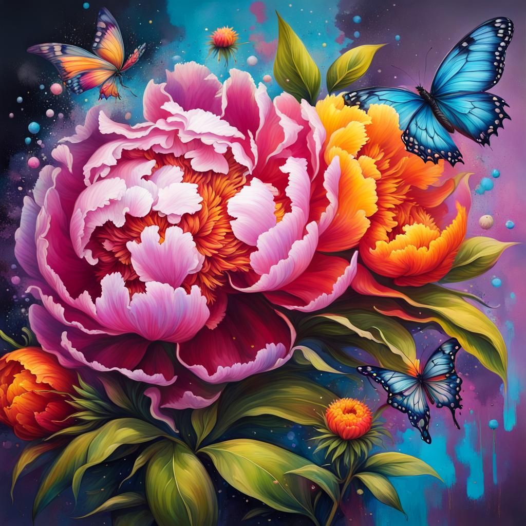 Fairytale Garden: Multicolored Peonies and Butterfly