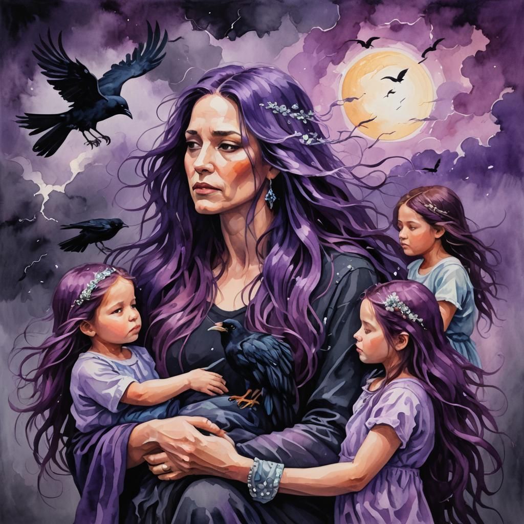 Curvy Mom Comforts Daughters in Gouache Watercolor Style