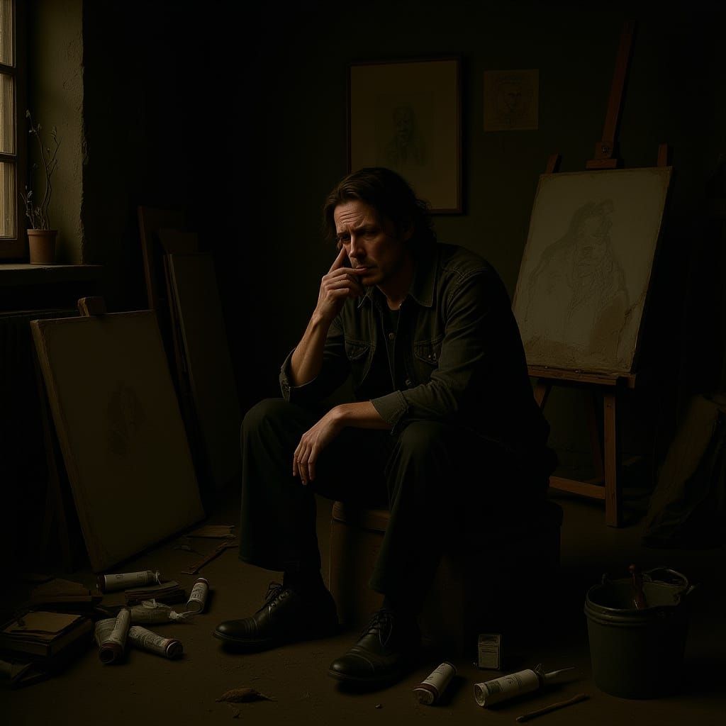Melancholic Artist in Studio: Expressive Somber Painting