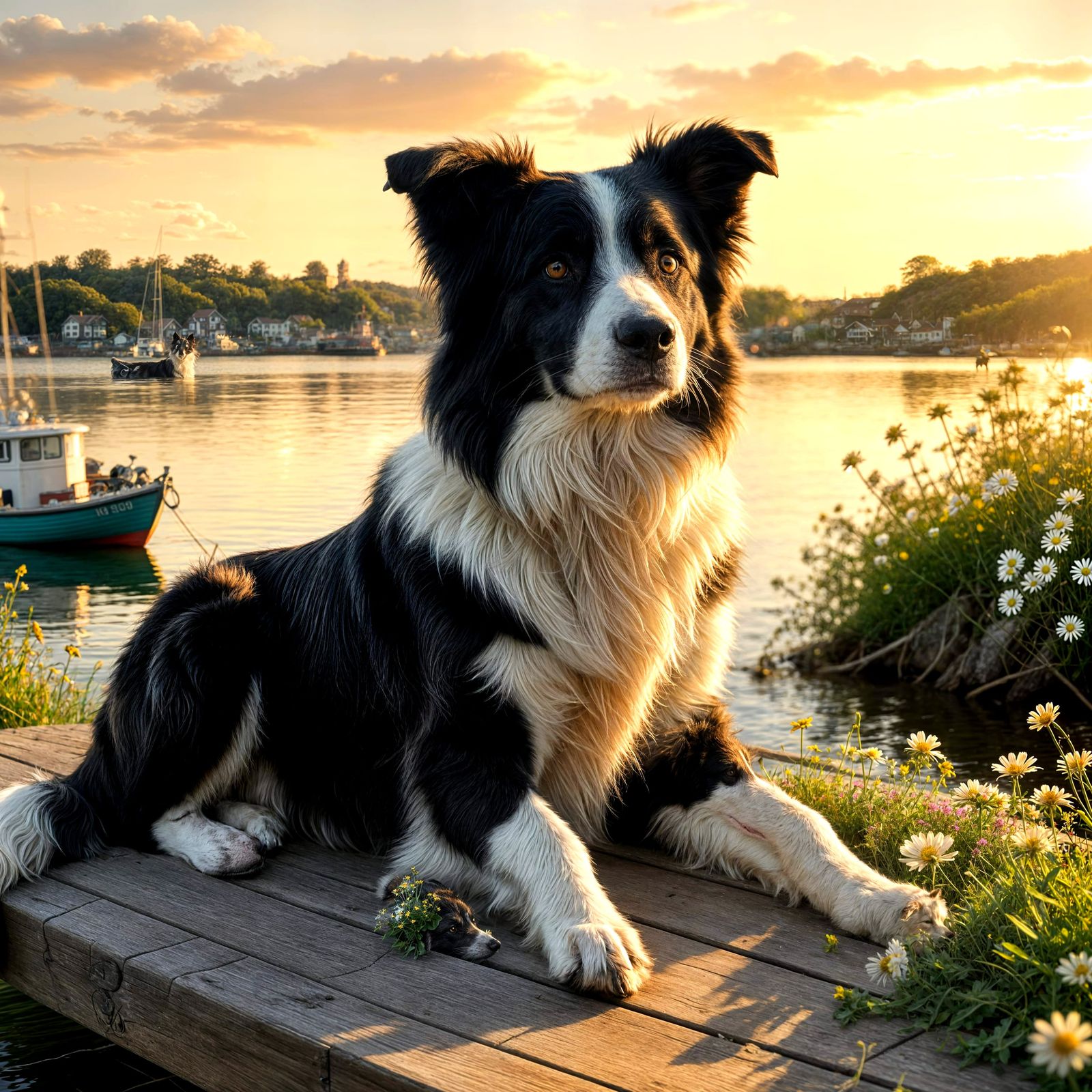 Border Collie Waiting at Golden Hour Harbor