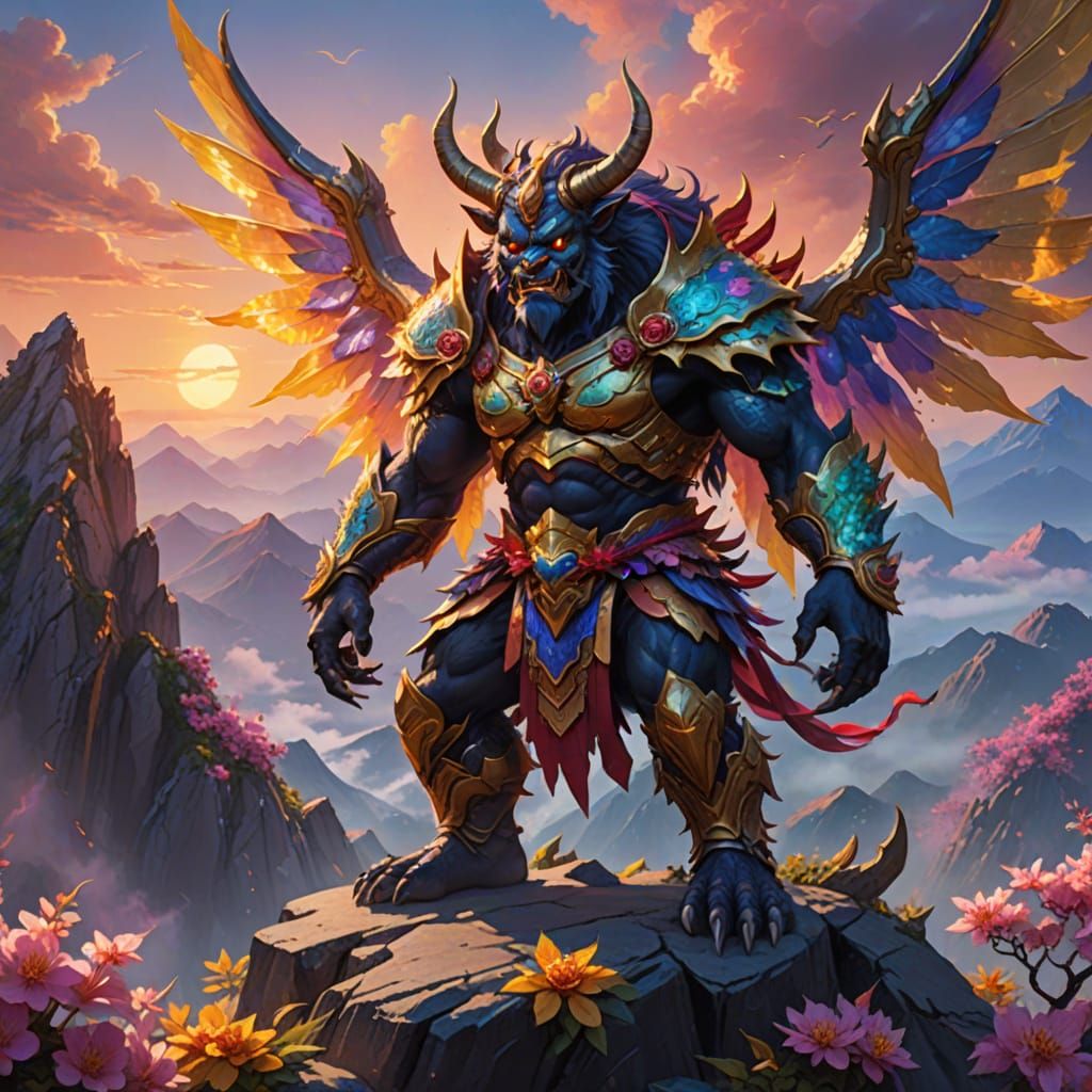 Majestic Oni Reigns Supreme on Vibrant Mountain Peak