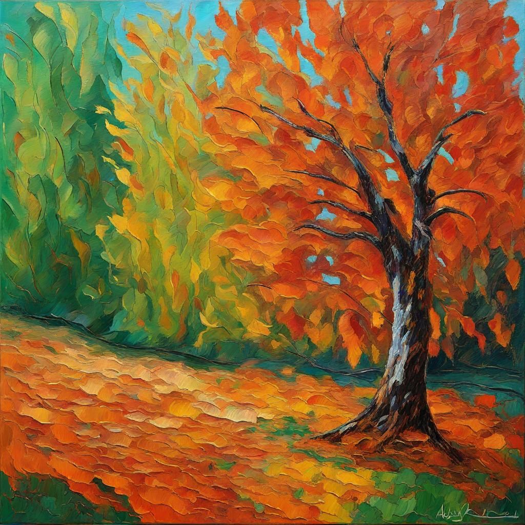 Autumn Chestnut Tree: Neo-Impressionistic Oil Painting