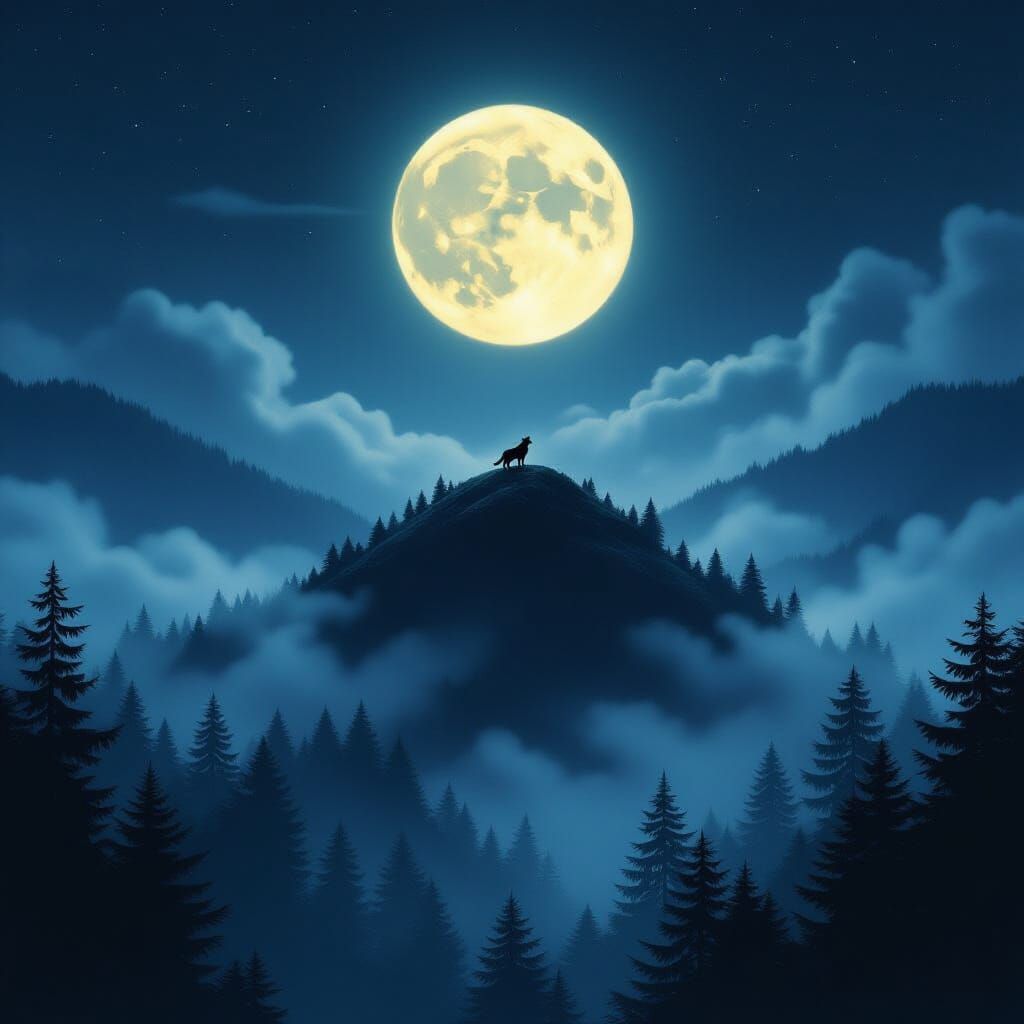 Ethereal Wolf Silhouette Under Full Moon