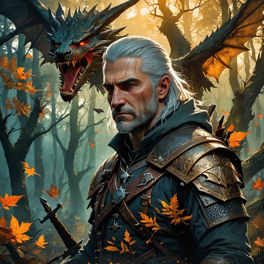 Witcher and Wyvern Double Exposure Portrait in Watercolor