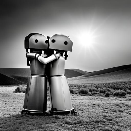Robots Hugging: Intricate 8k Professional Photograph