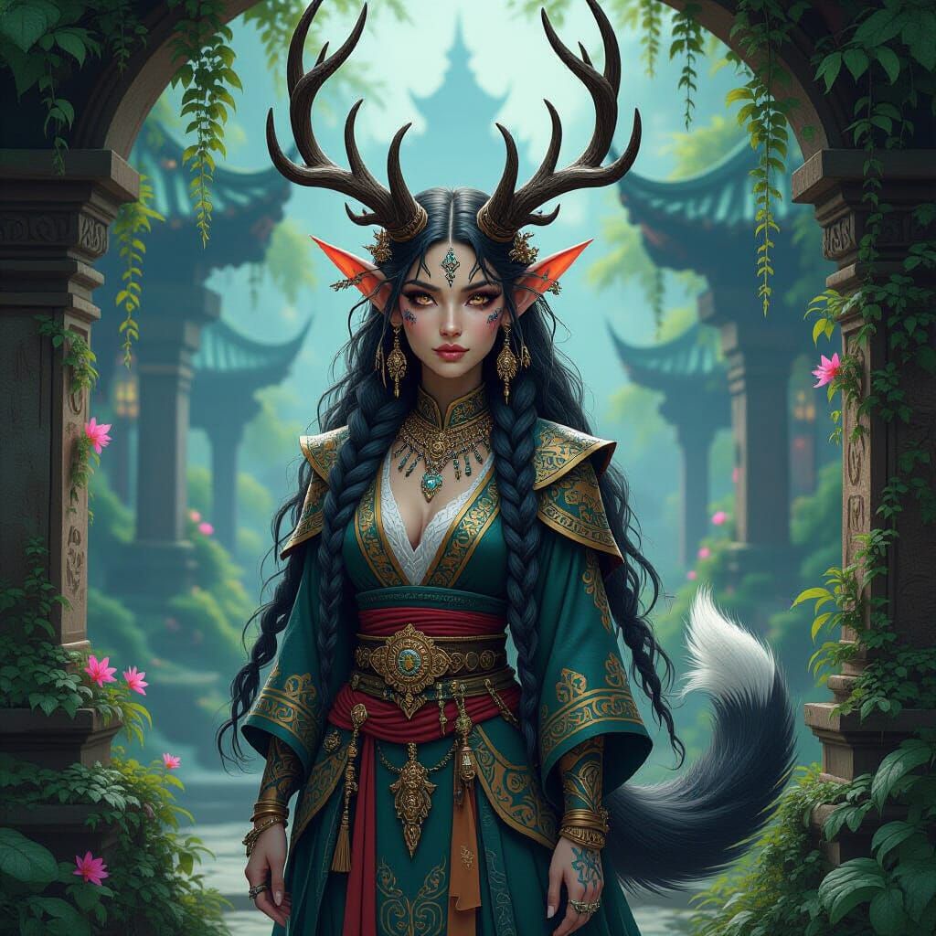 Fantasy Hybrid Creature in Golden Pointillism Temple