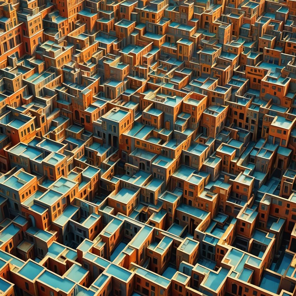 Polychromatic Fractal Cityscape in Escher Style
