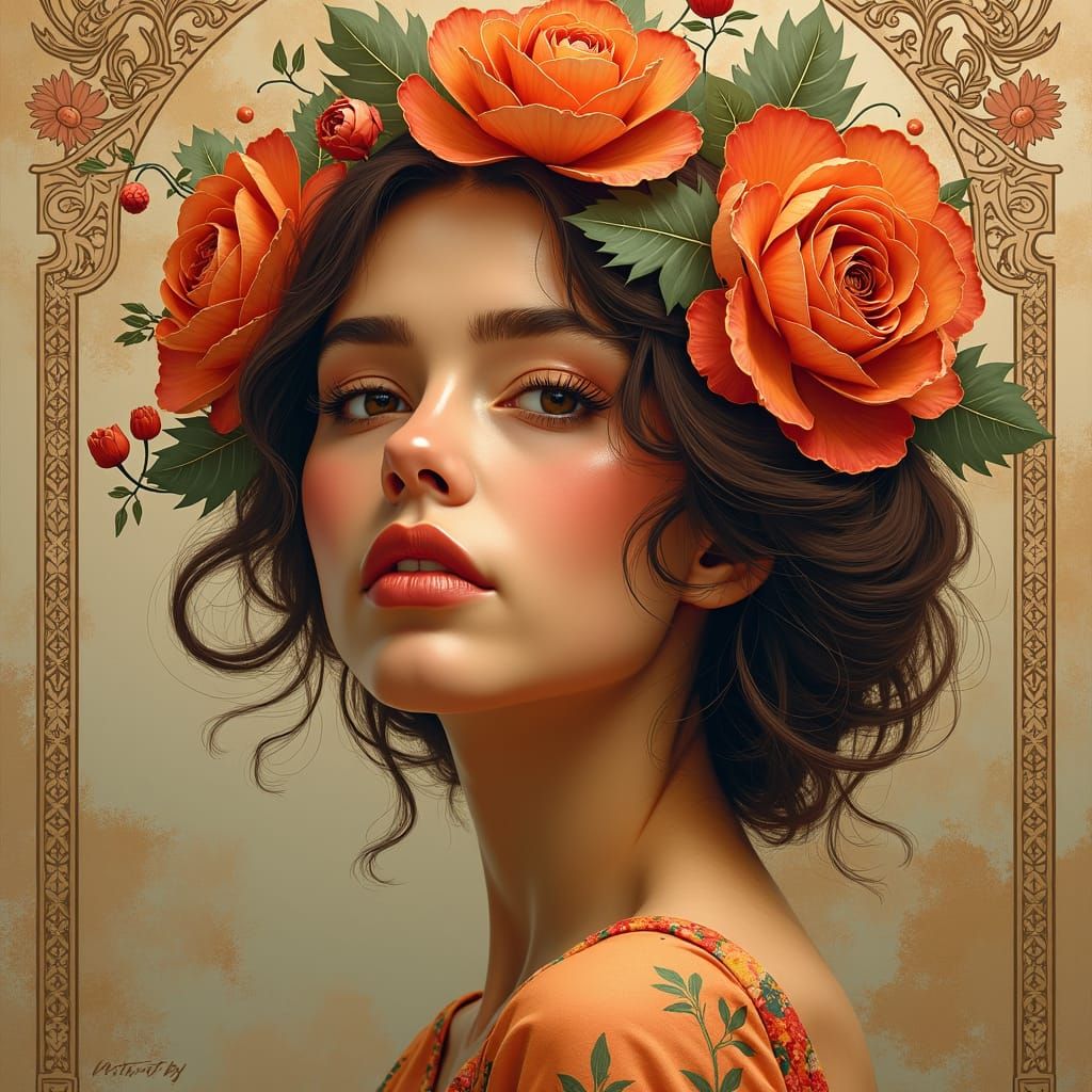 Hispanic Woman with Floral Hair, as Oil Painting