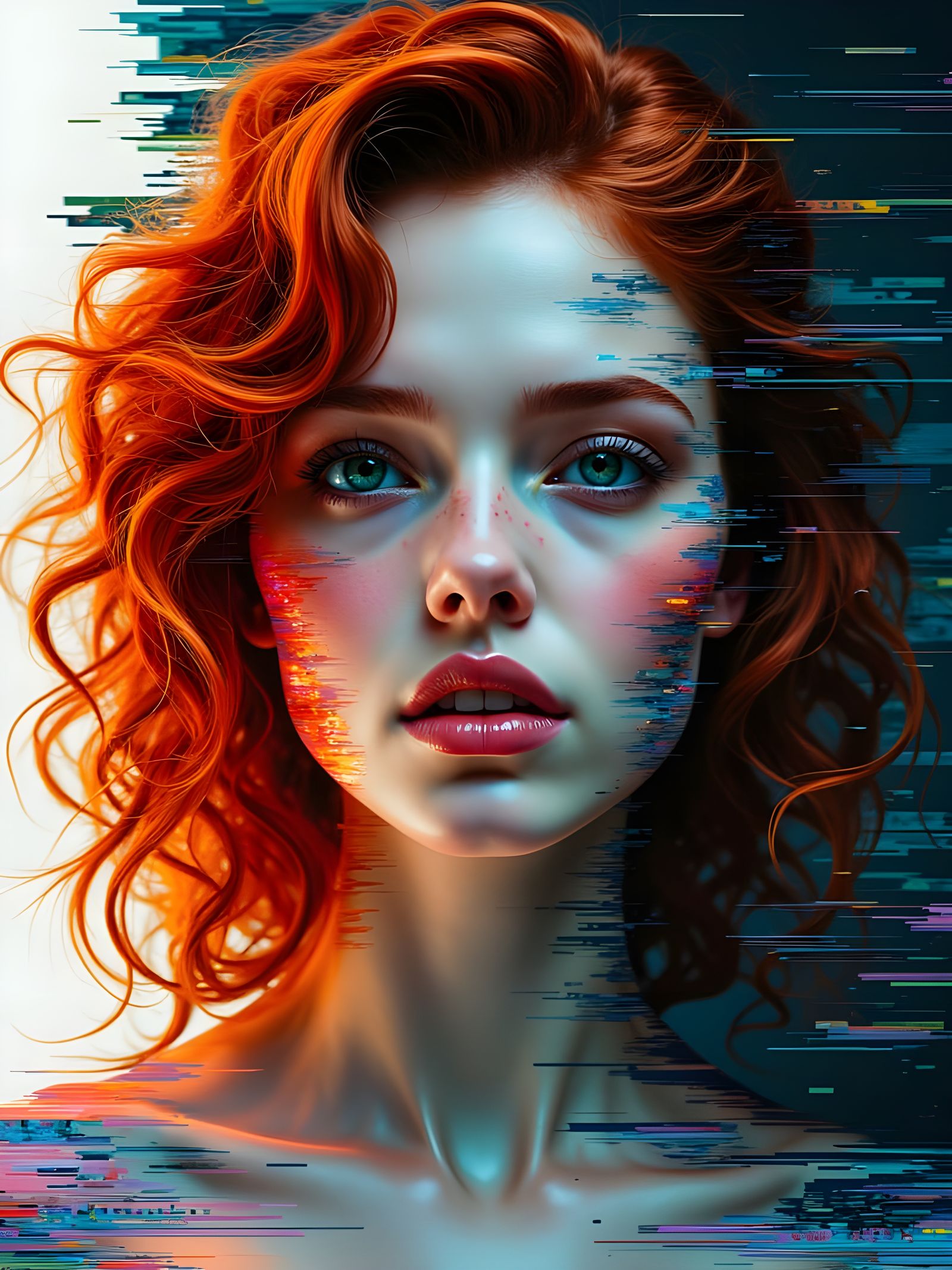 Striking Glitch Portrait of Woman with Red Curls
