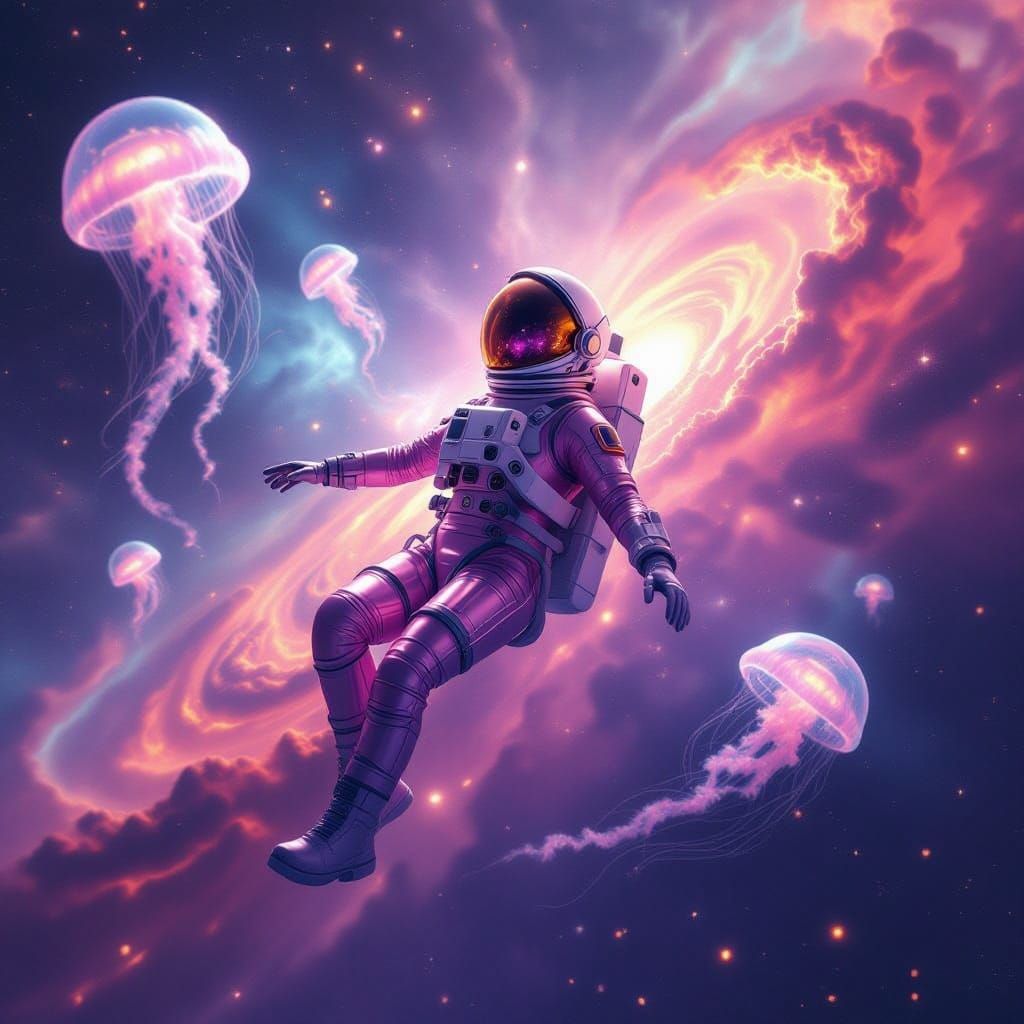 Astronaut in Ethereal Dreamscape with Bioluminescent Wonders