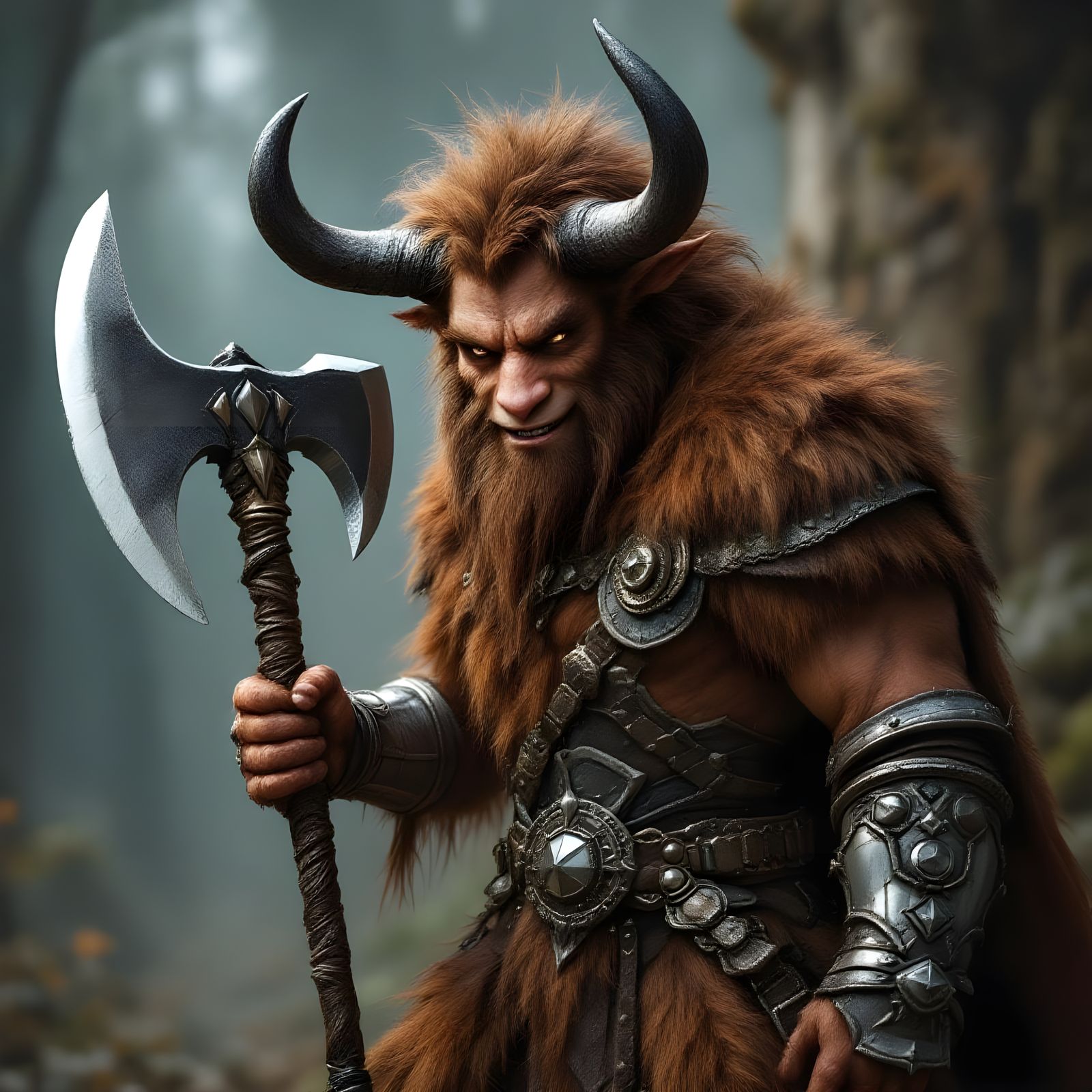 Happy Minotaur Hero with Greataxe in Fantasycore Art
