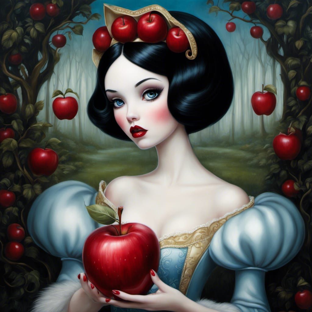 Snow White with Apple in Dark Surrealist Style