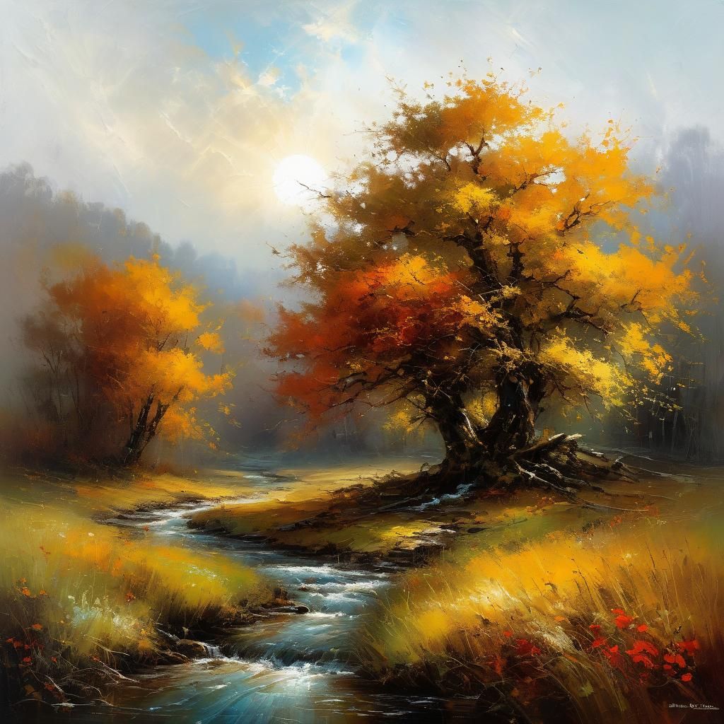 Expressionist Tree by Brook in Autumn Meadow