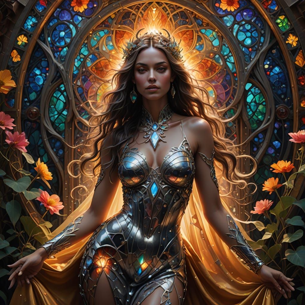 Divine Woman Floating in Cosmic Light: Hyper-Realistic Paint...