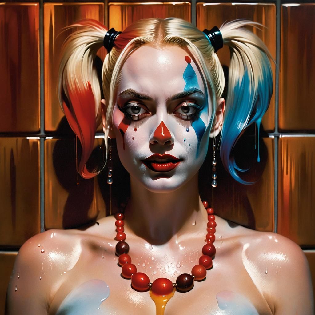 Harley Quinn in Steamy Sauna, Oil Painting