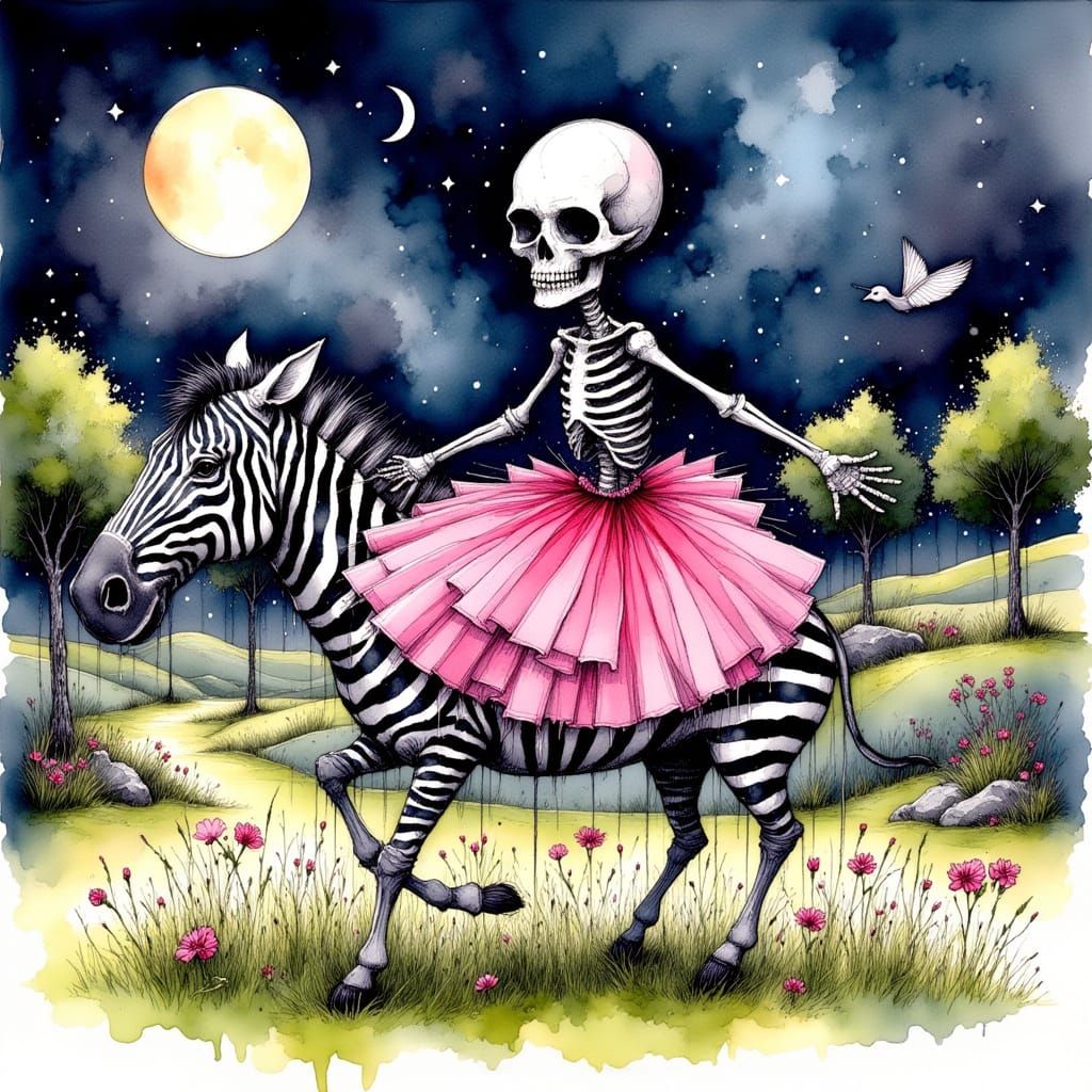 Skeleton Zebra Ride with Ink Crosshatching
