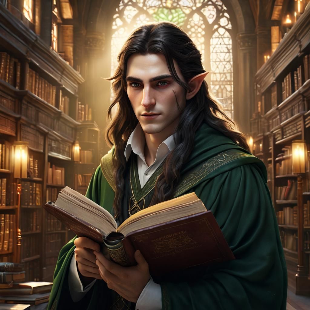 Scholarly Elf in Library: Fantasy Artwork Masterpiece
