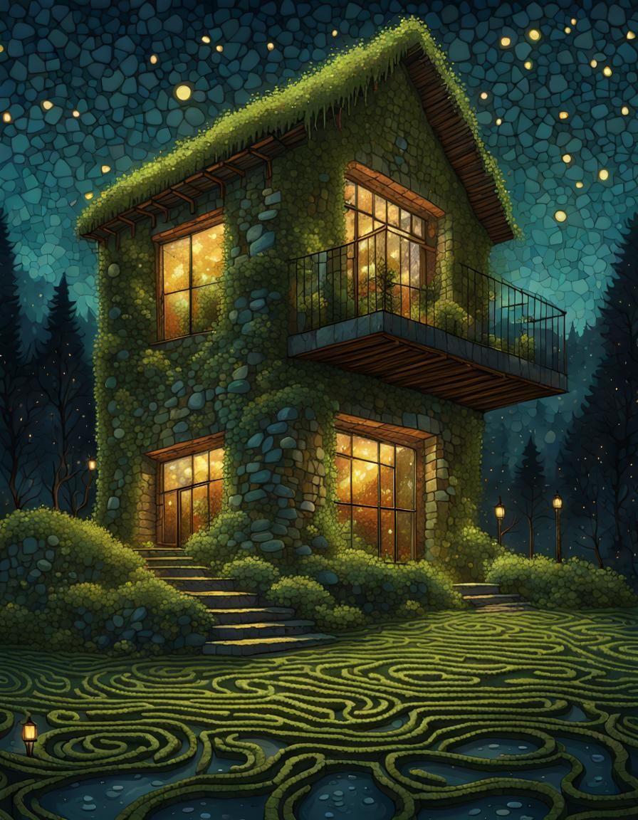 Earthy Stone Home at Night with Fireflies