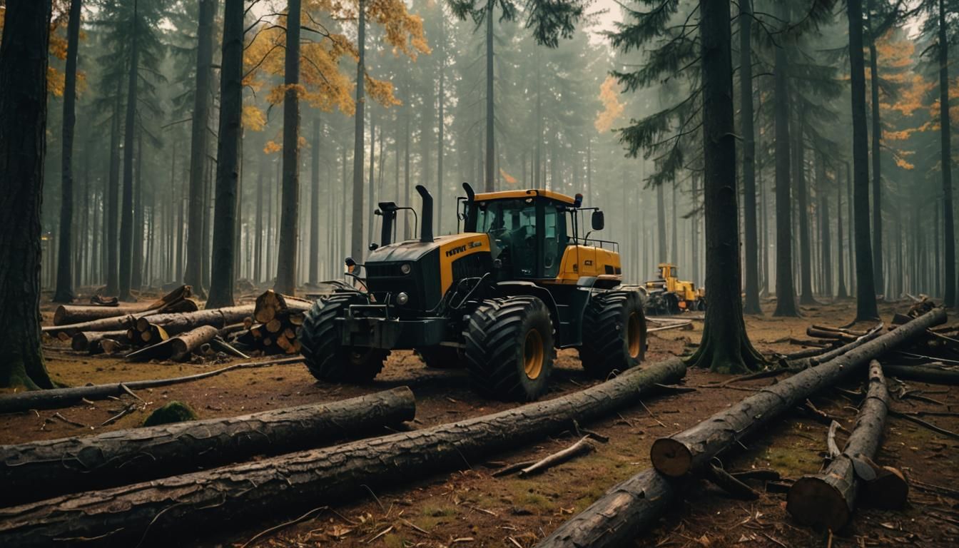 Machines Felling Trees in Forest: Cinematic Film Still