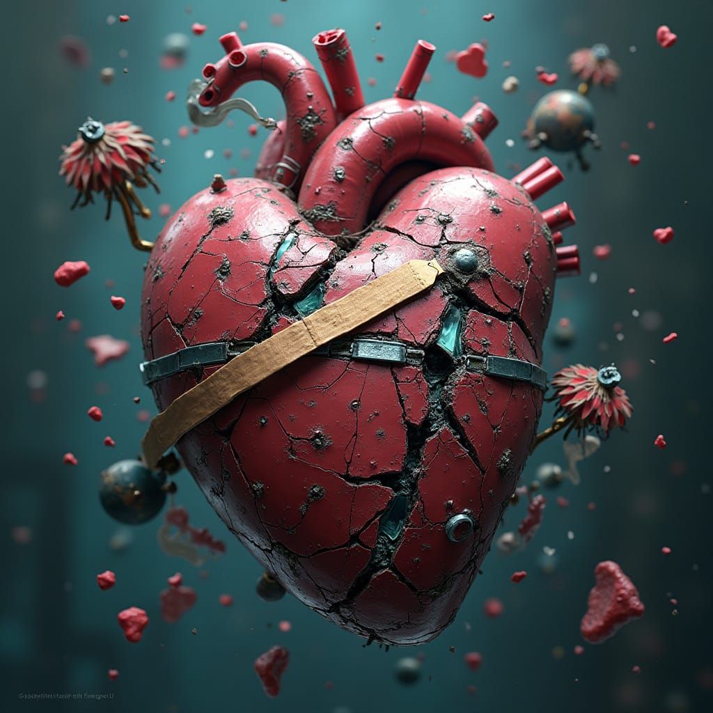 Cybernetic Shattered Heart in a Futuristic Landscape