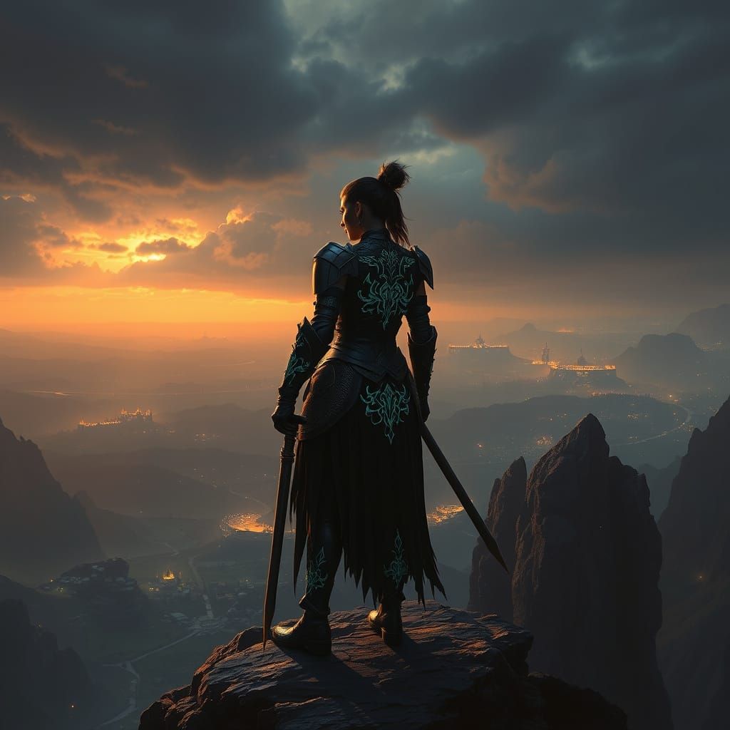 Stoic Warrior Overlooking Dark Fantasy Landscape