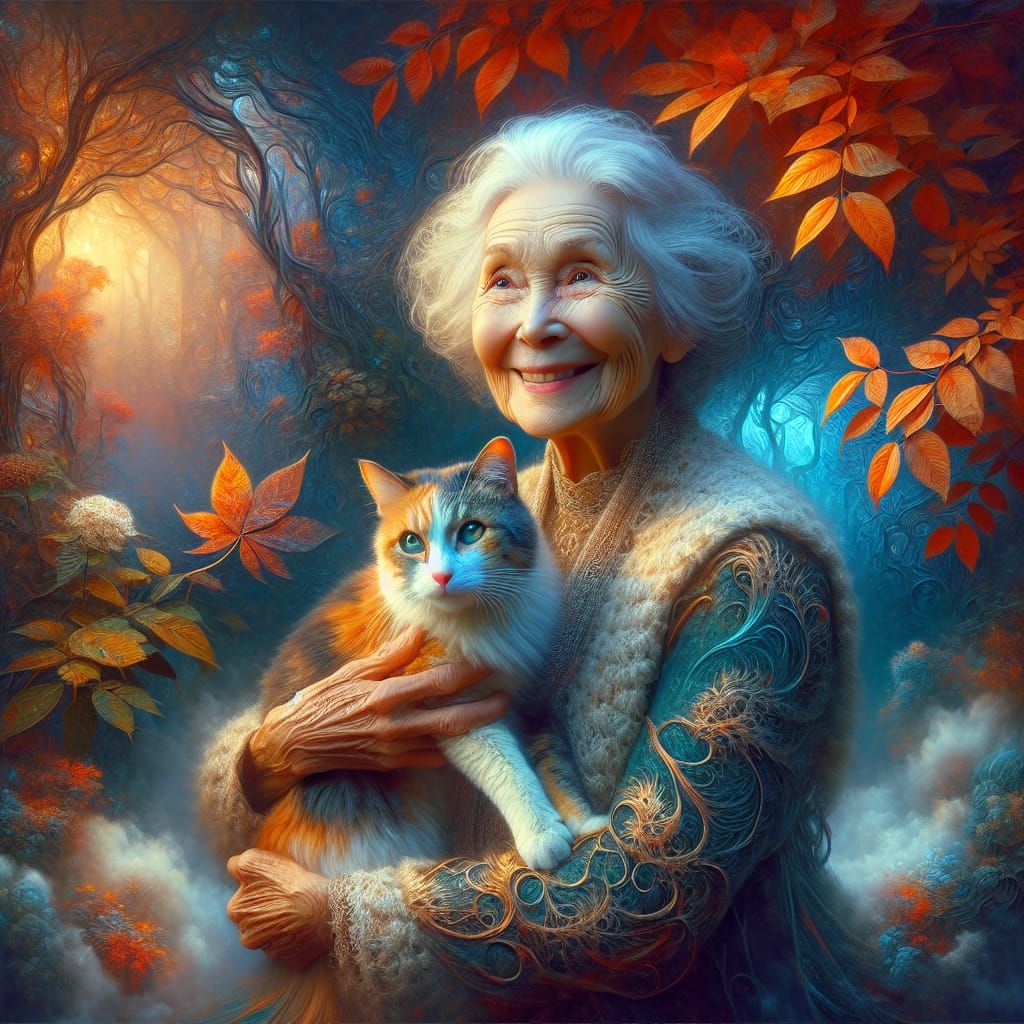 Old Lady and Calico Cat in Surreal Autumn Portrait