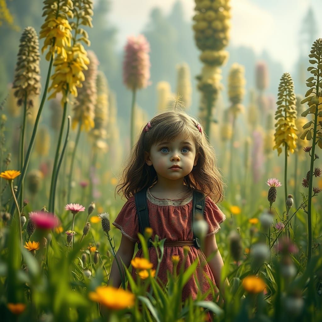 Girl in Giant Herb Meadow, Hyperrealistic Matte Painting