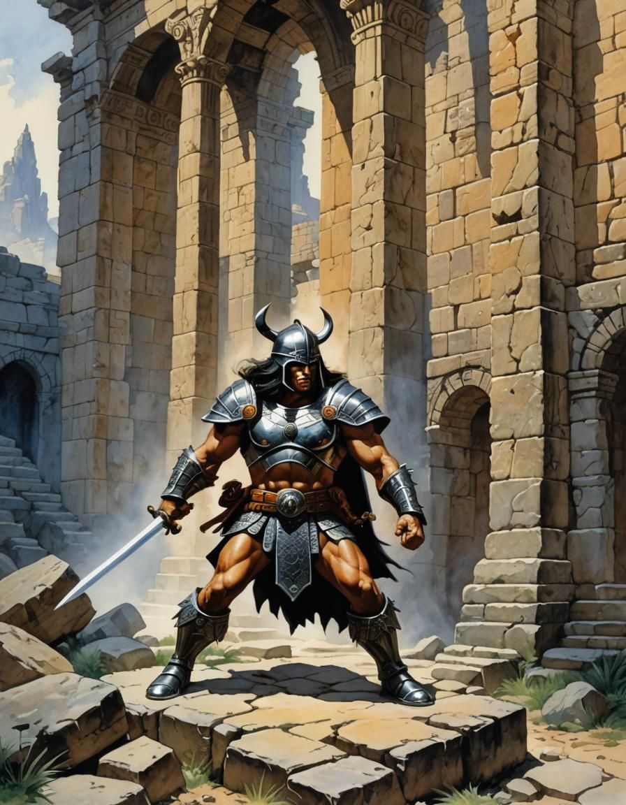 Radiant Warrior in Watercolor Against Ancient Ruins
