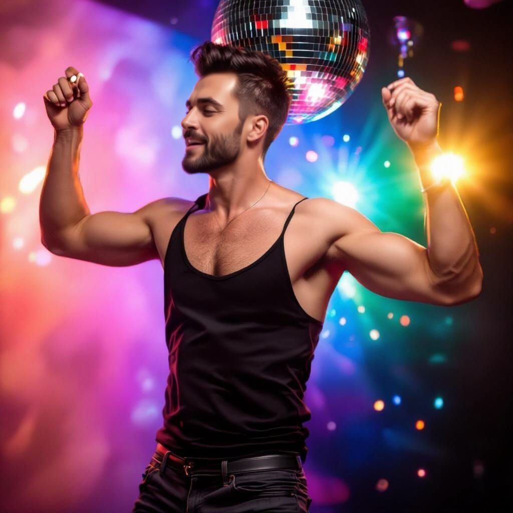 Muscular Man Dancing at Disco Under Mirror Ball