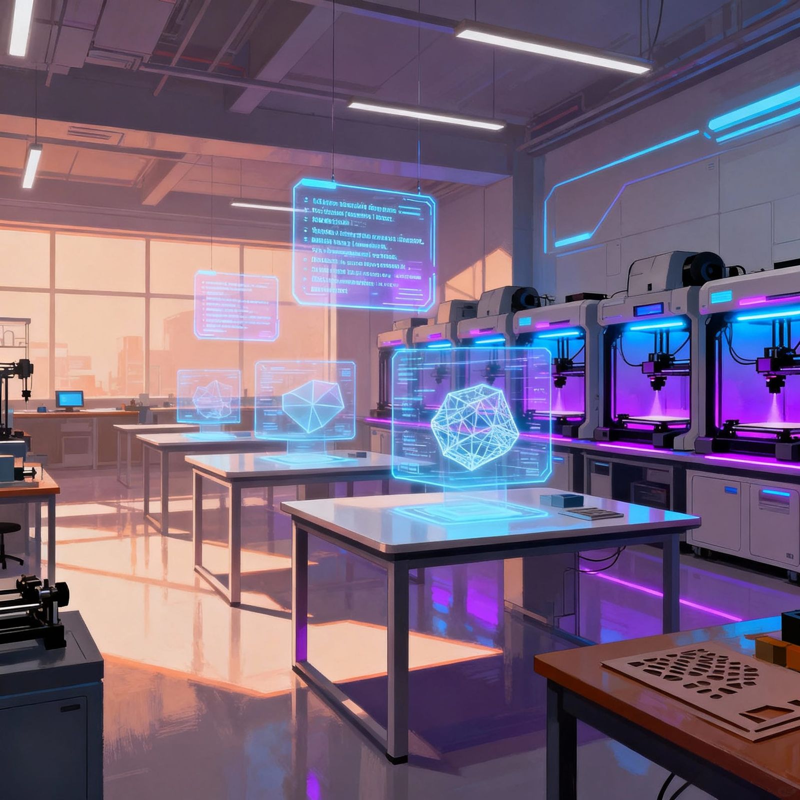 Futuristic Library Makerspace with Holographic Displays
