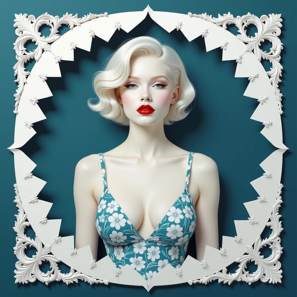 Shirtless Albino Woman in Papercut Art Style