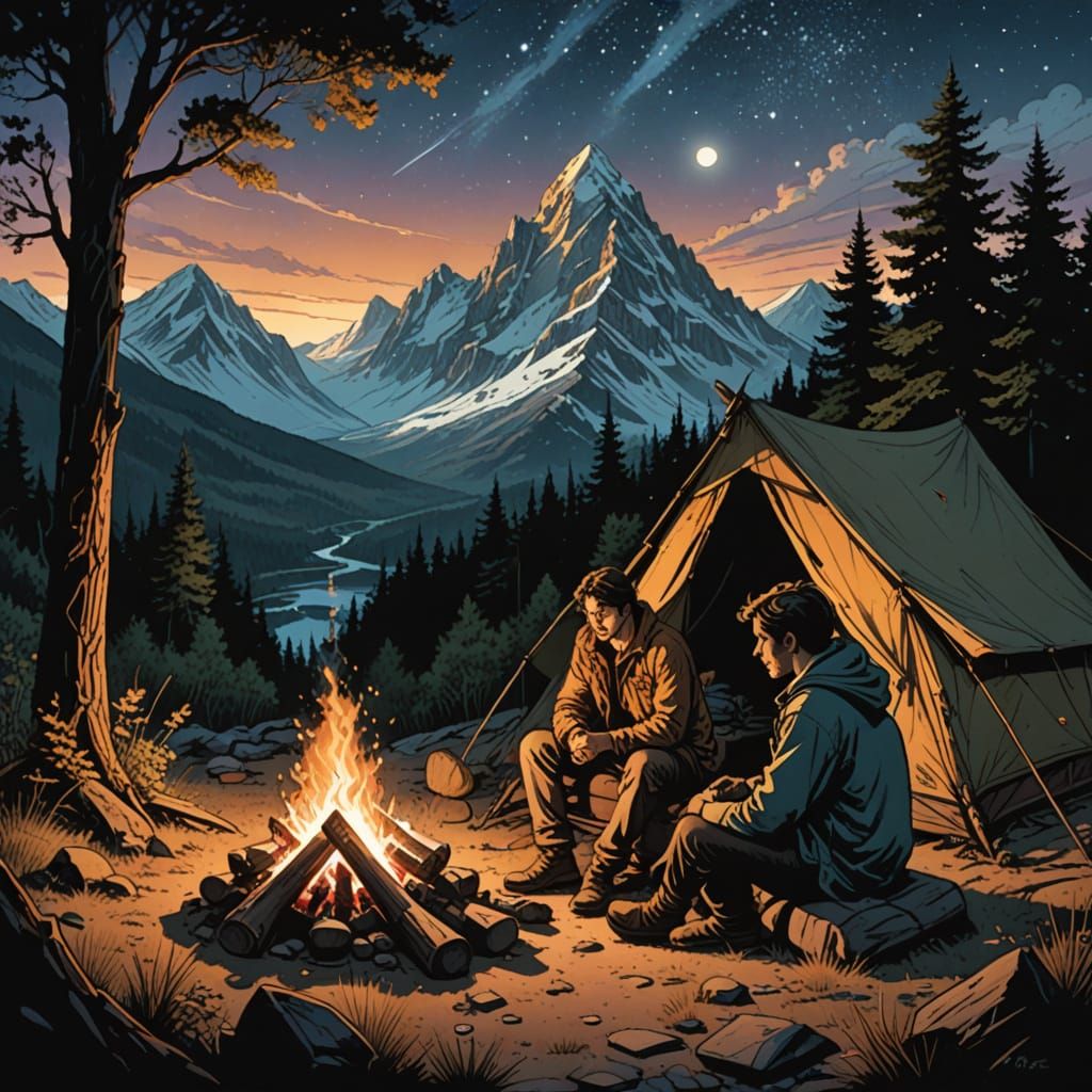 Romantic Mountain Campfire Scene in Warm Watercolor Style