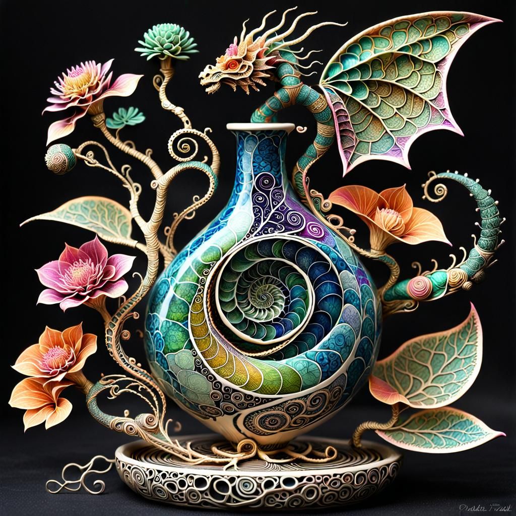 Intricate Botanical Dragon Vase in Graffiti Art Style
