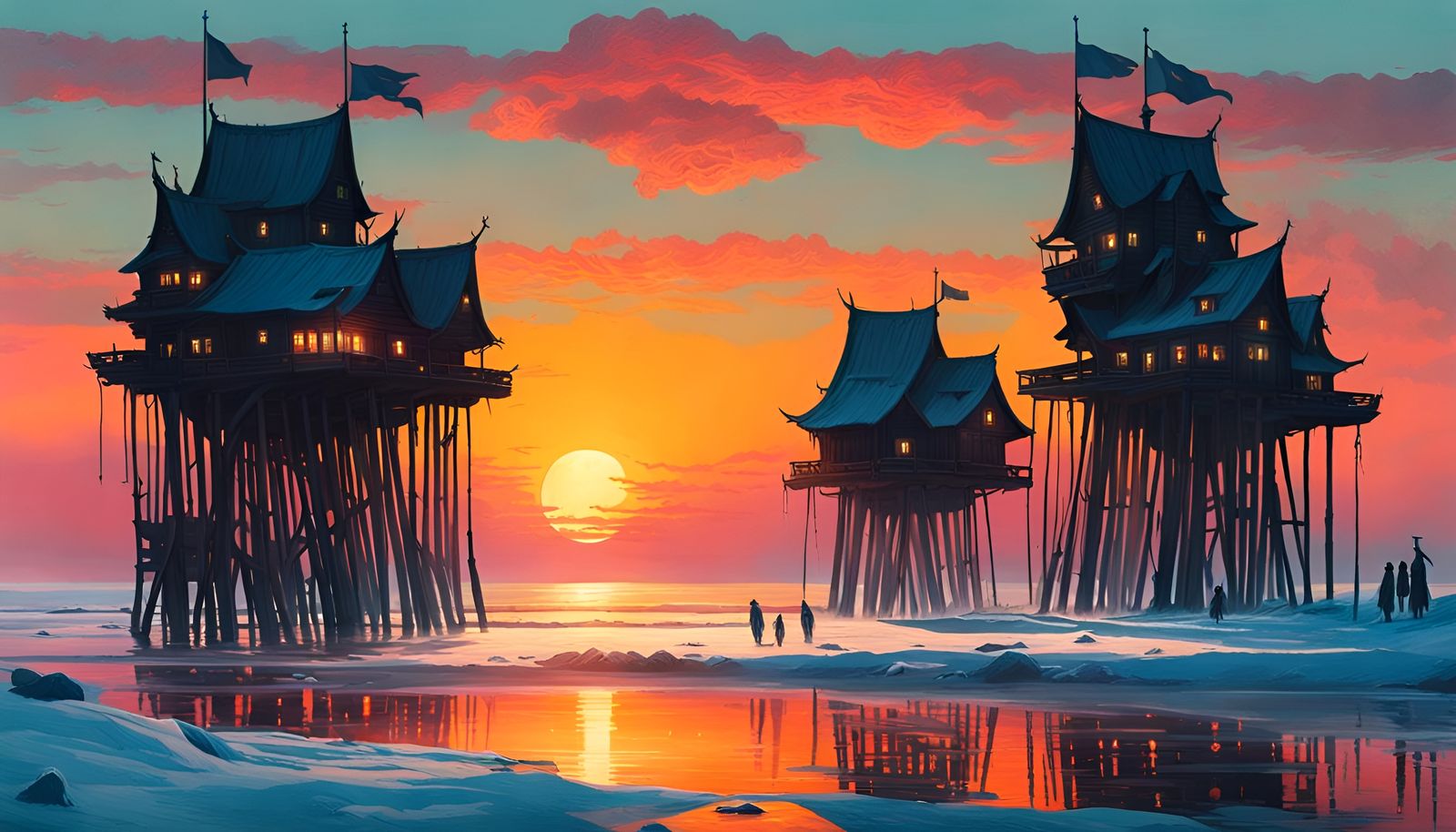 Fantasy Coastal Village Sunset