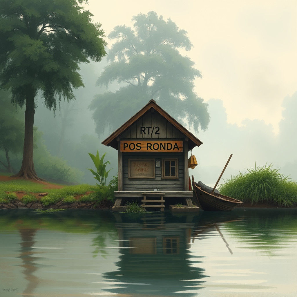 Tranquil Riverbank Guard Post in Impressionist Style