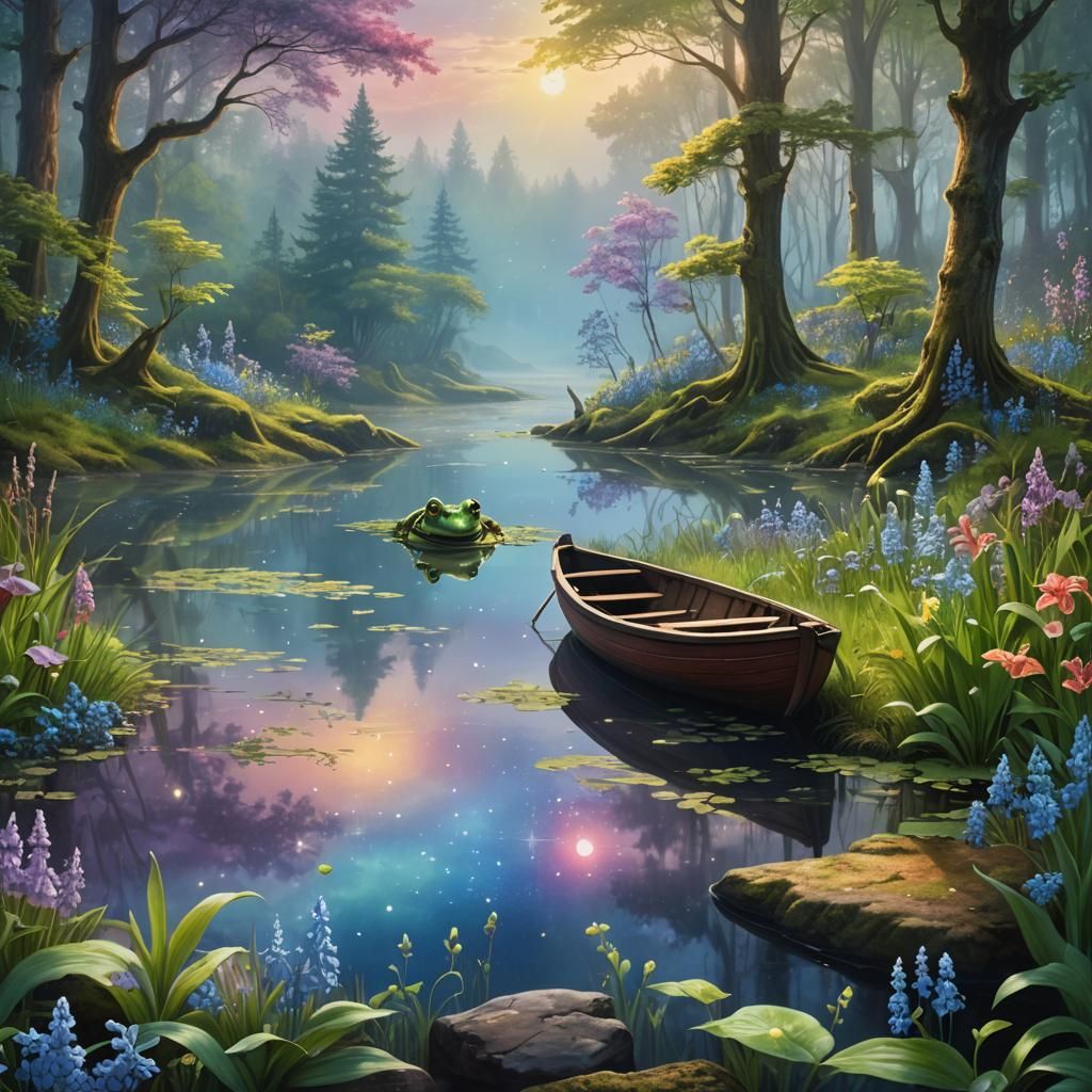 Frog in Colorful Summer Forest Landscape