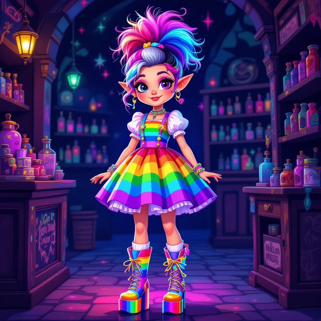 Rainbow Haired Girl in Magical Trollz Shop