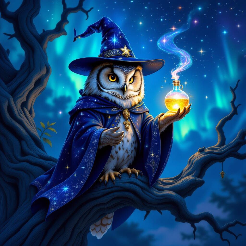 Celestial Wizard Owl on Ancient Branch