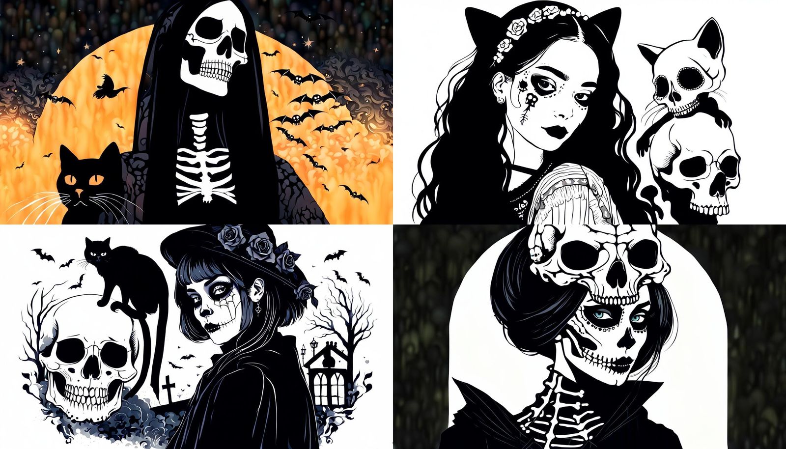 Spooky Woman and Skeleton Goth Cat