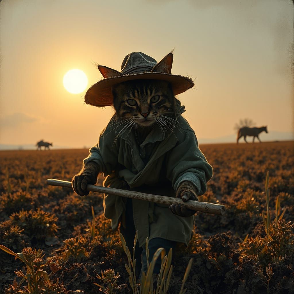 Peasant Cat Hoeing Field in Haunting Landscape