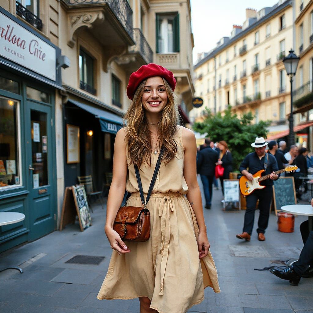 Charming Parisian Woman Strolls through Montmartre in Impres...