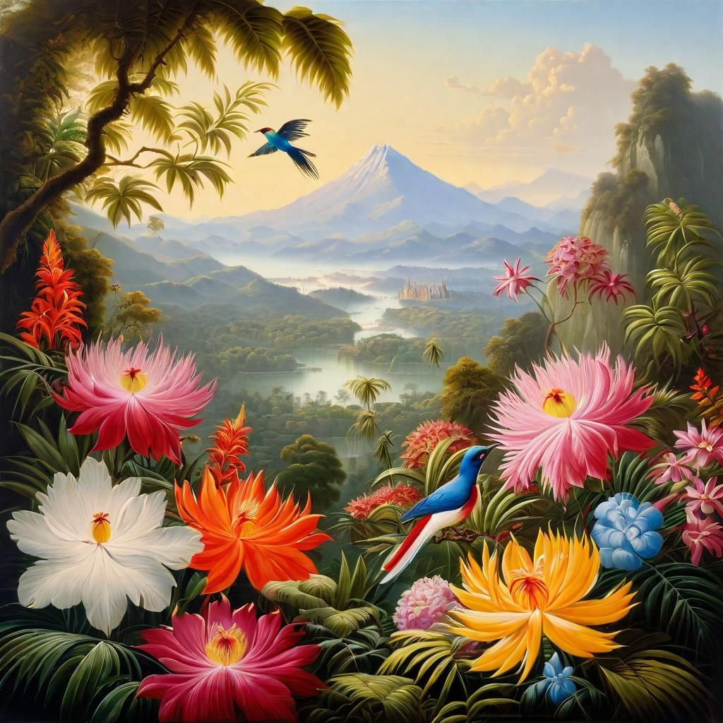 Exotic Flowers in Tropical Landscape Painting