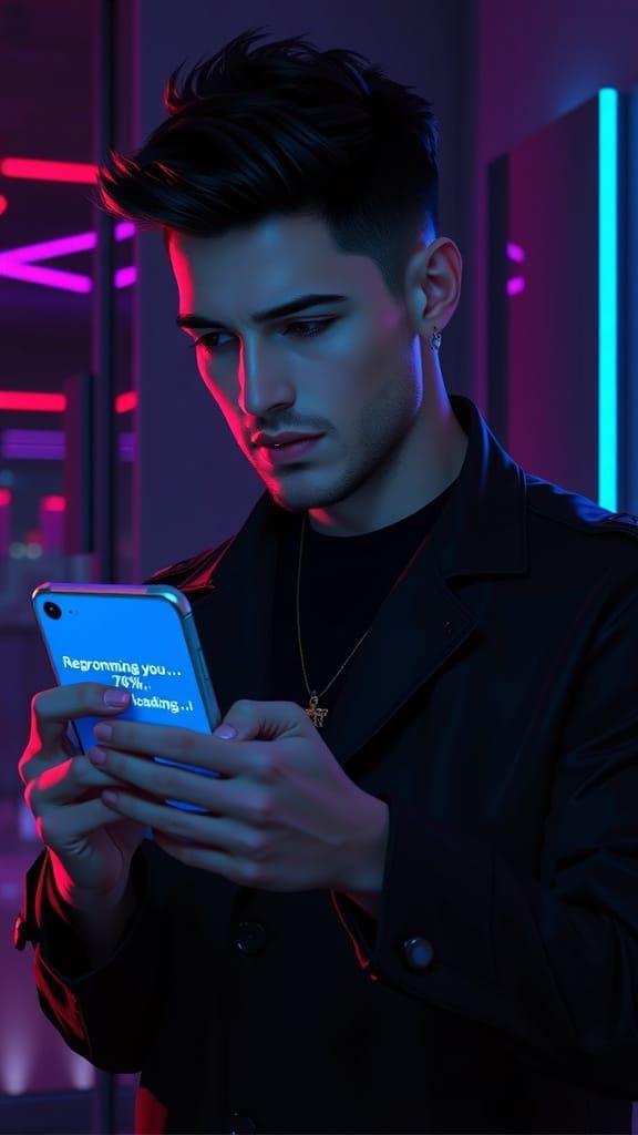 Cyberpunk Man Illuminated by Smartphone
