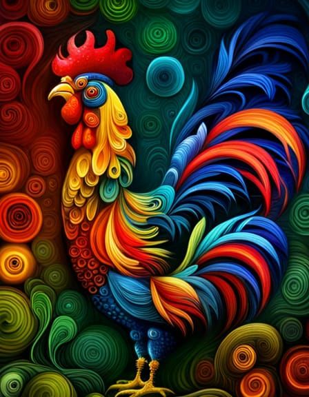 Fantastical Rooster: Detailed Matte Painting with Deep Color
