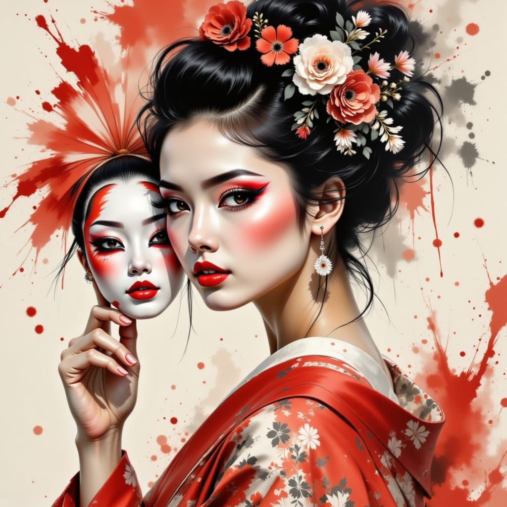 Spectacular Japanese Girl with Geisha Mask in Ink Brush Styl...