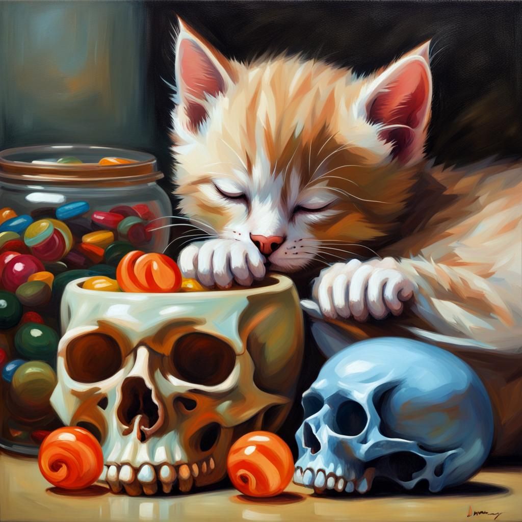 Kitten's Halloween Nap, Oil Painting by Gurney