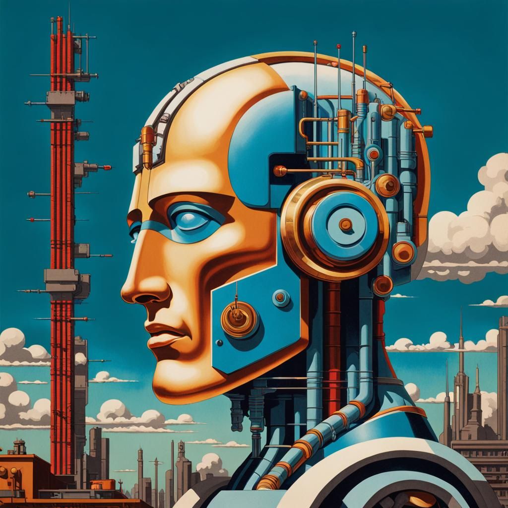 Cyborg Robot Portrait in Surreal Industrial Style