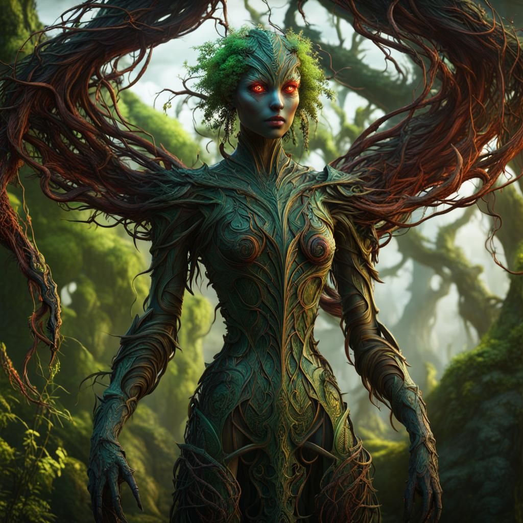 Detailed Humanoid Figure with Vines, Fantasy Concept Art