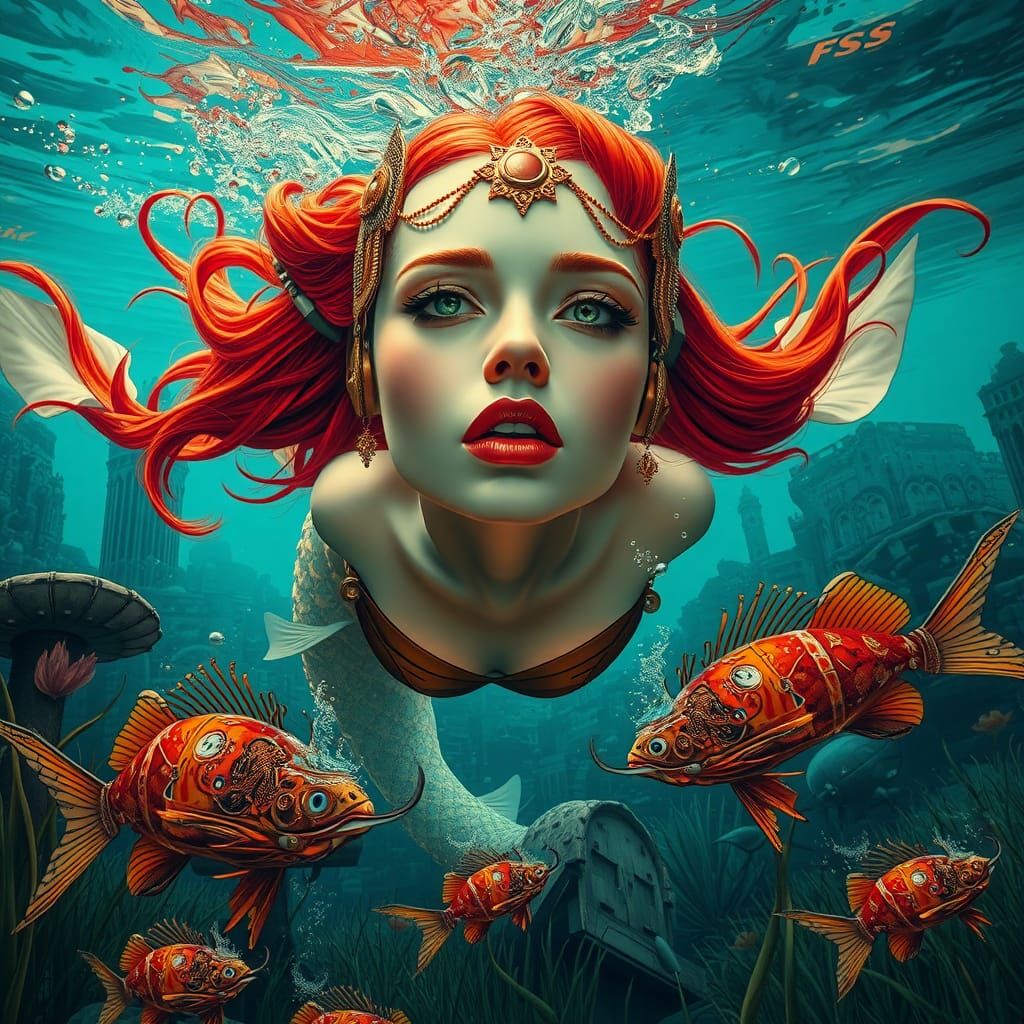 Steampunk Mermaid in Art Nouveau Style Lagoon